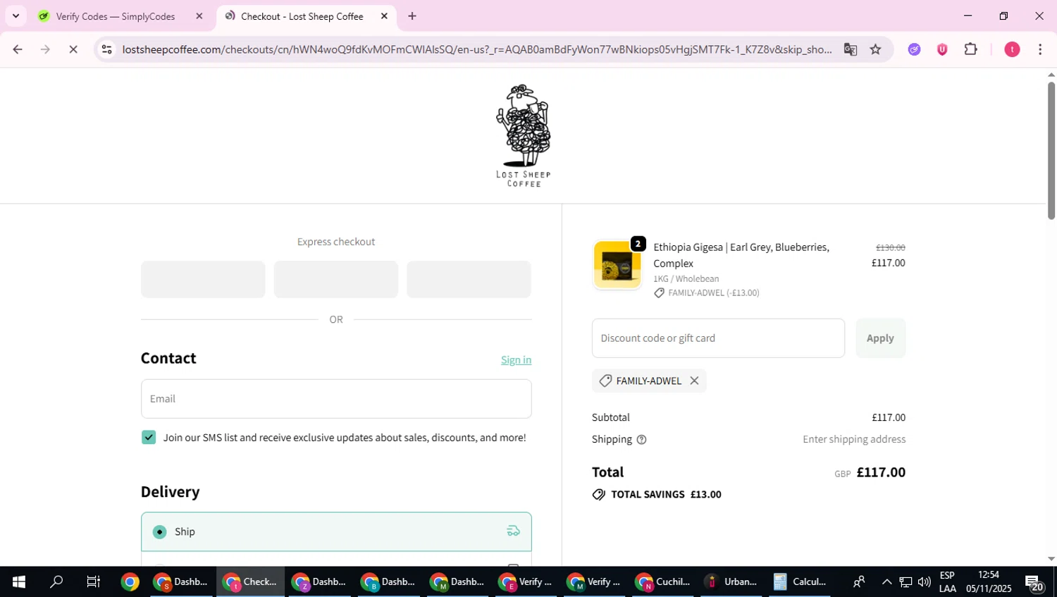 Lost Sheep Coffee discount code screenshot showing code FAMILY-ADWEL applied at Lost Sheep Coffee checkout page. Uploaded by SimplyCodes community member ScanExpert2824 on Nov 5, 2025