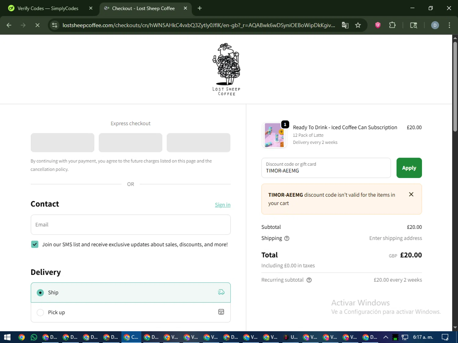 Lost Sheep Coffee discount code screenshot showing code TIMOR-AEEMG applied at Lost Sheep Coffee checkout page. Uploaded by SimplyCodes community member CleverCurator2558 on Nov 11, 2025