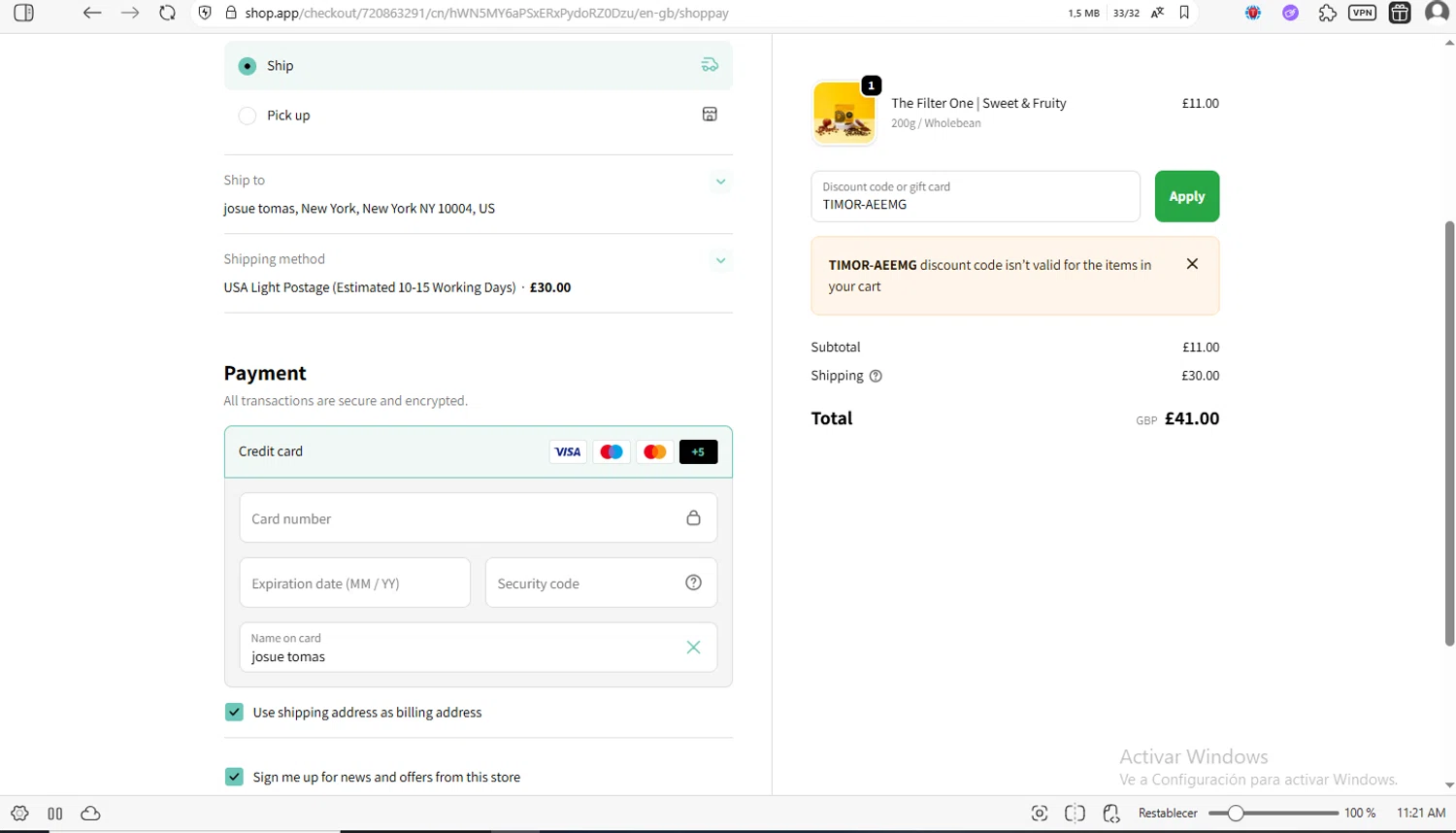 Lost Sheep Coffee discount code screenshot showing code TIMOR-AEEMG applied at Lost Sheep Coffee checkout page. Uploaded by SimplyCodes community member luissilva2 on Nov 16, 2025