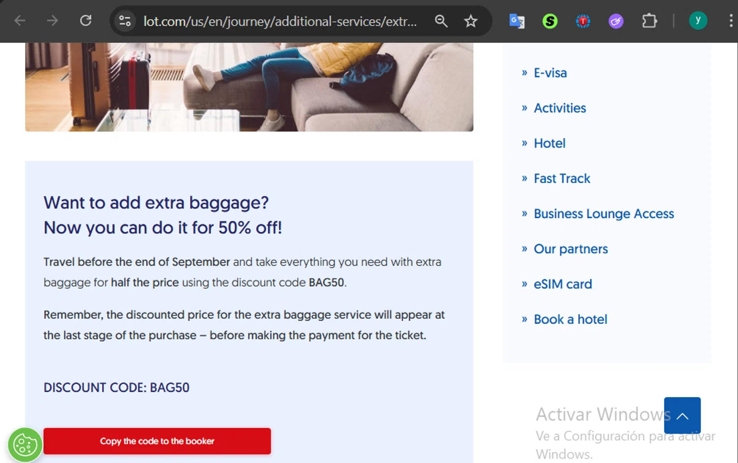 LOT Polish Airlines promo code screenshot showing code BAG50 applied at LOT Polish Airlines checkout page. Uploaded by SimplyCodes community member 502312 on Aug 4, 2025
