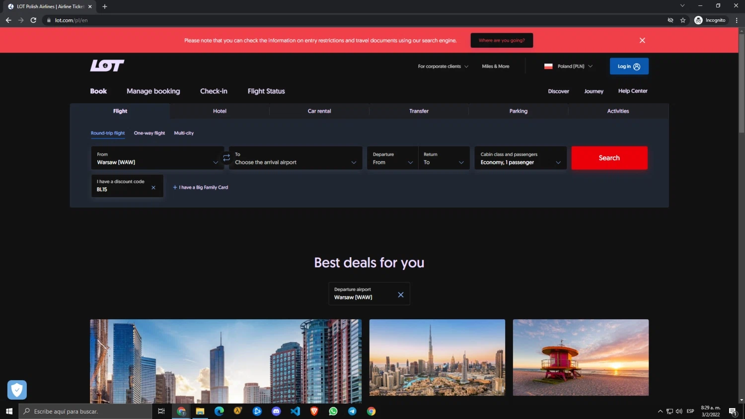 LOT Polish Airlines checkout page showing LOT Polish Airlines promo code box | Screenshot taken by SimplyCodes community member on Feb 3, 2022