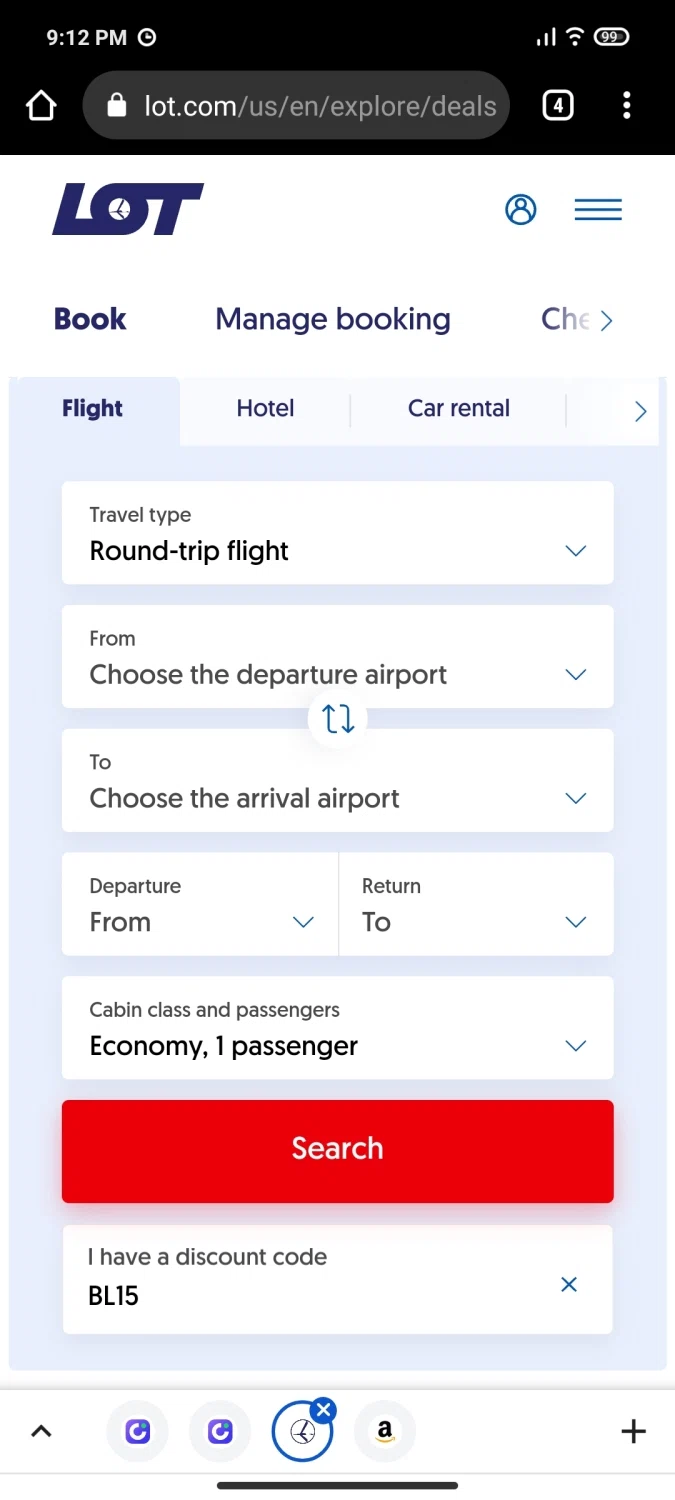 LOT Polish Airlines checkout page showing LOT Polish Airlines promo code box | Screenshot taken by SimplyCodes community member on Apr 24, 2022