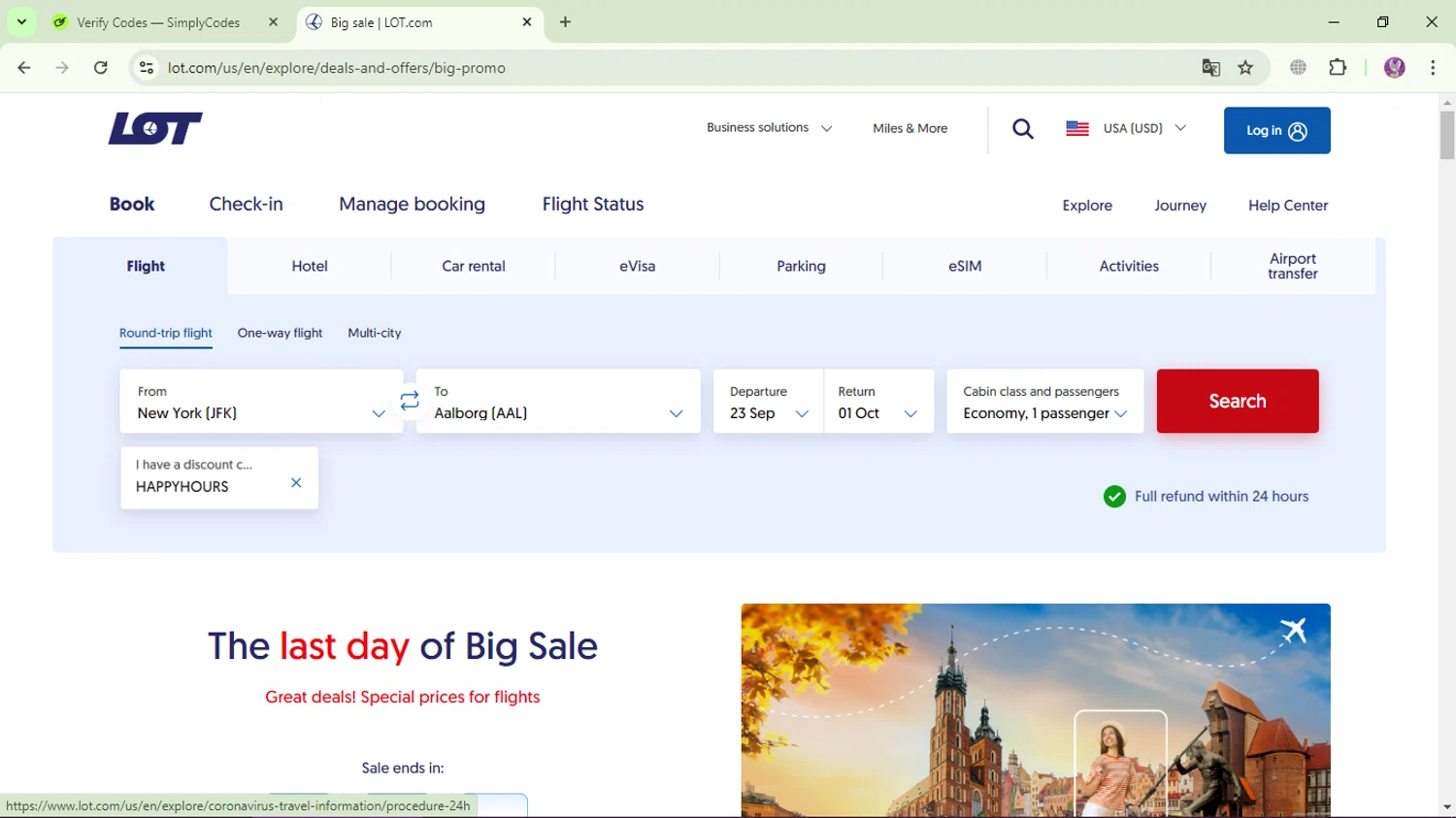 LOT Polish Airlines checkout page showing LOT Polish Airlines promo code box | Screenshot taken by SimplyCodes community member on Sep 11, 2024