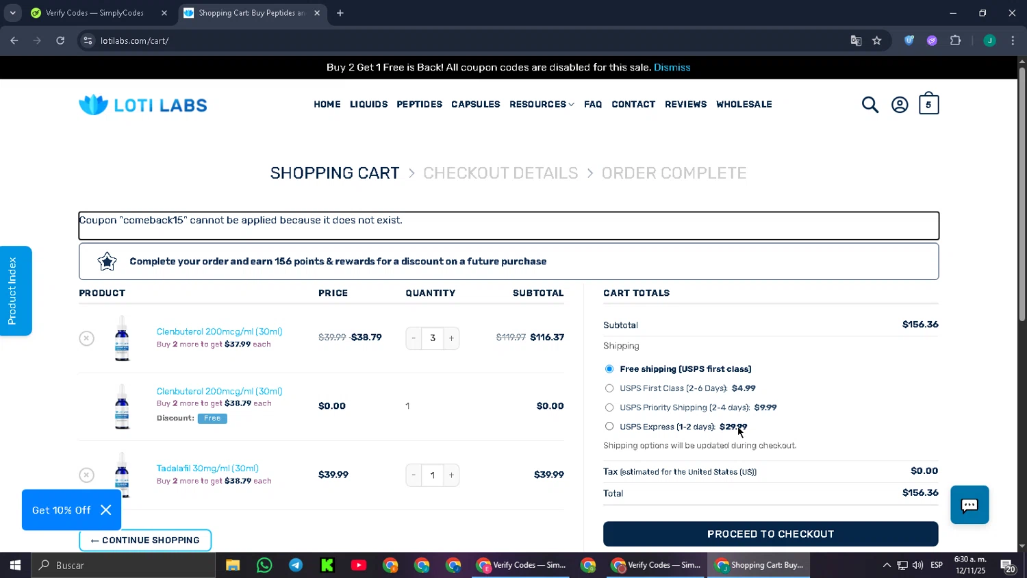 Loti Labs discount code screenshot showing code COMEBACK15 applied at Loti Labs checkout page. Uploaded by SimplyCodes community member MoneyPilot9165 on Nov 12, 2025