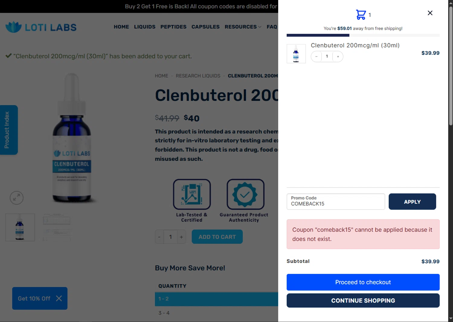 Loti Labs discount code screenshot showing code COMEBACK15 applied at Loti Labs checkout page. Uploaded by SimplyCodes community member SwiftTracker8156 on Nov 12, 2025