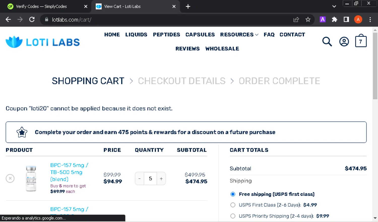 Loti Labs discount code screenshot showing code Loti20 applied at Loti Labs checkout page. Uploaded by SimplyCodes community member GloriousOwl8819 on Dec 19, 2025