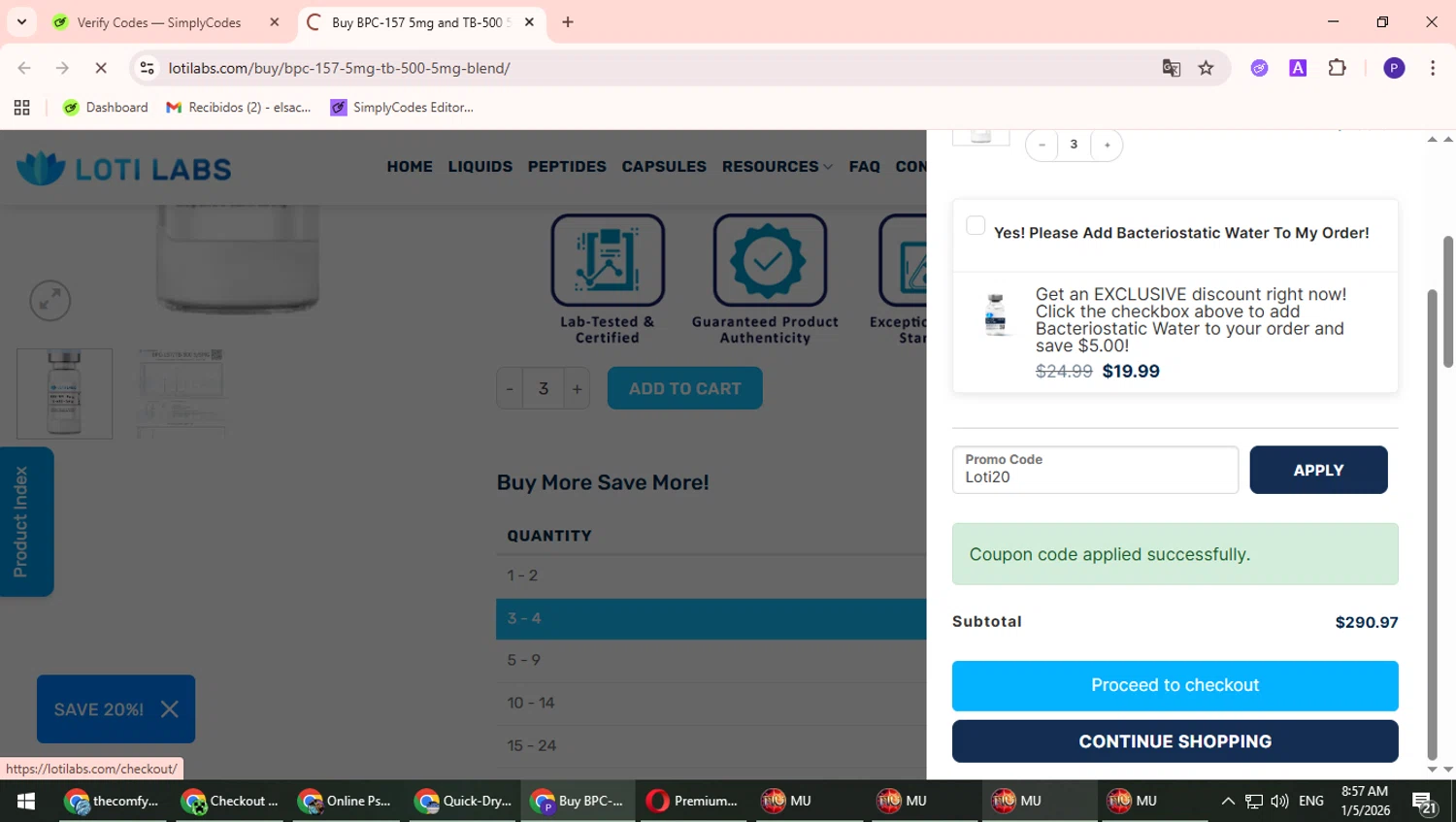 Loti Labs discount code screenshot showing code Loti20 applied at Loti Labs checkout page. Uploaded by SimplyCodes community member TrevorPhilips on Jan 5, 2026