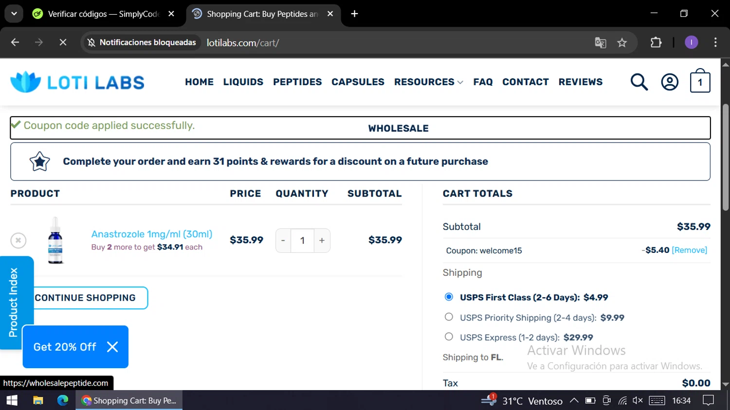Loti Labs discount code screenshot showing code welcome15 applied at Loti Labs checkout page. Uploaded by SimplyCodes community member AGP44456545 on Nov 3, 2025