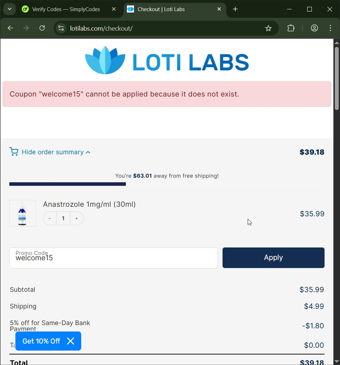 Loti Labs discount code screenshot showing code welcome15 applied at Loti Labs checkout page. Uploaded by SimplyCodes community member CashWizard4502 on Nov 12, 2025