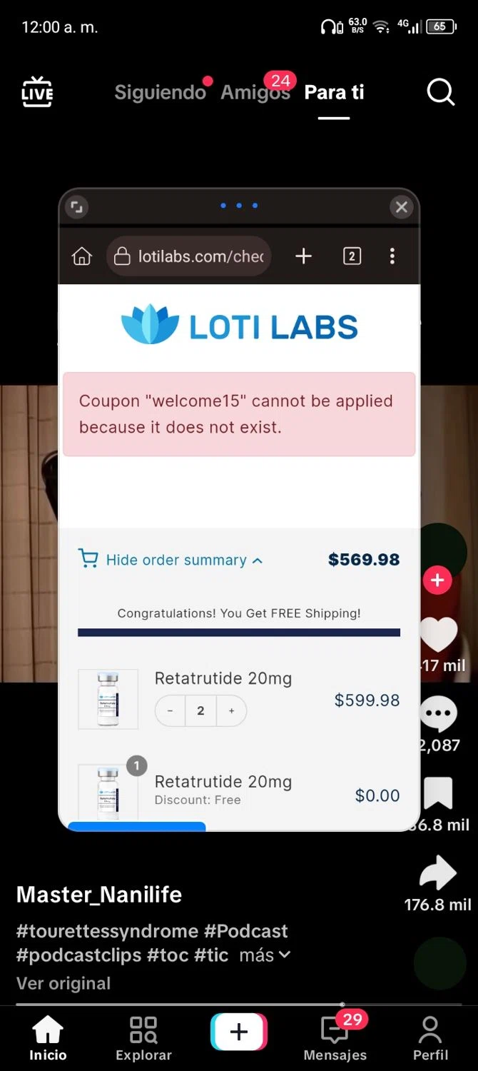 Loti Labs discount code screenshot showing code welcome15 applied at Loti Labs checkout page. Uploaded by SimplyCodes community member ScanExpert7367 on Nov 12, 2025