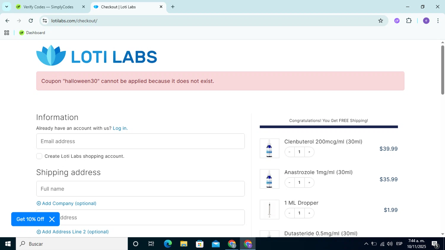 Loti Labs discount code screenshot showing code HALLOWEEN30 applied at Loti Labs checkout page. Uploaded by SimplyCodes community member Esteban14 on Nov 10, 2025