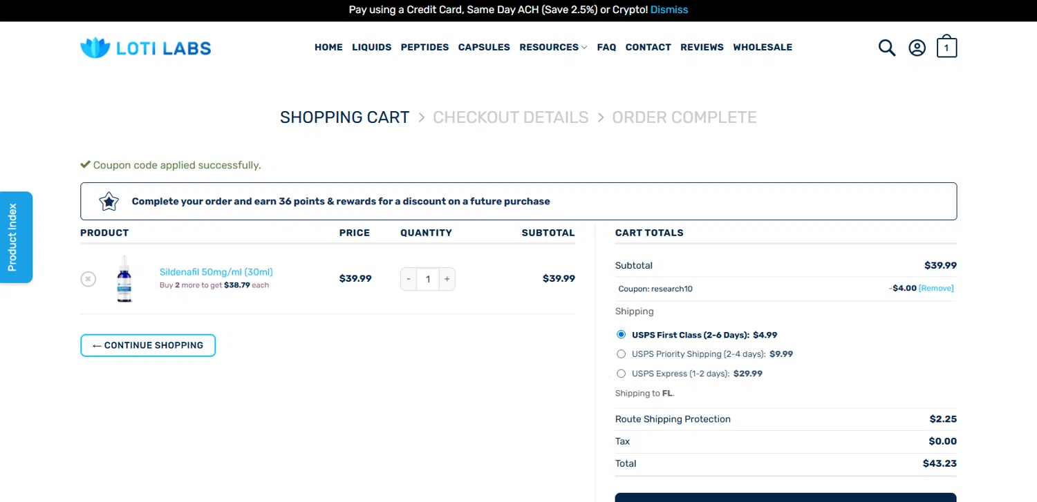 Loti Labs discount code screenshot showing code research10 applied at Loti Labs checkout page. Uploaded by SimplyCodes community member Alydrop on Jan 6, 2026