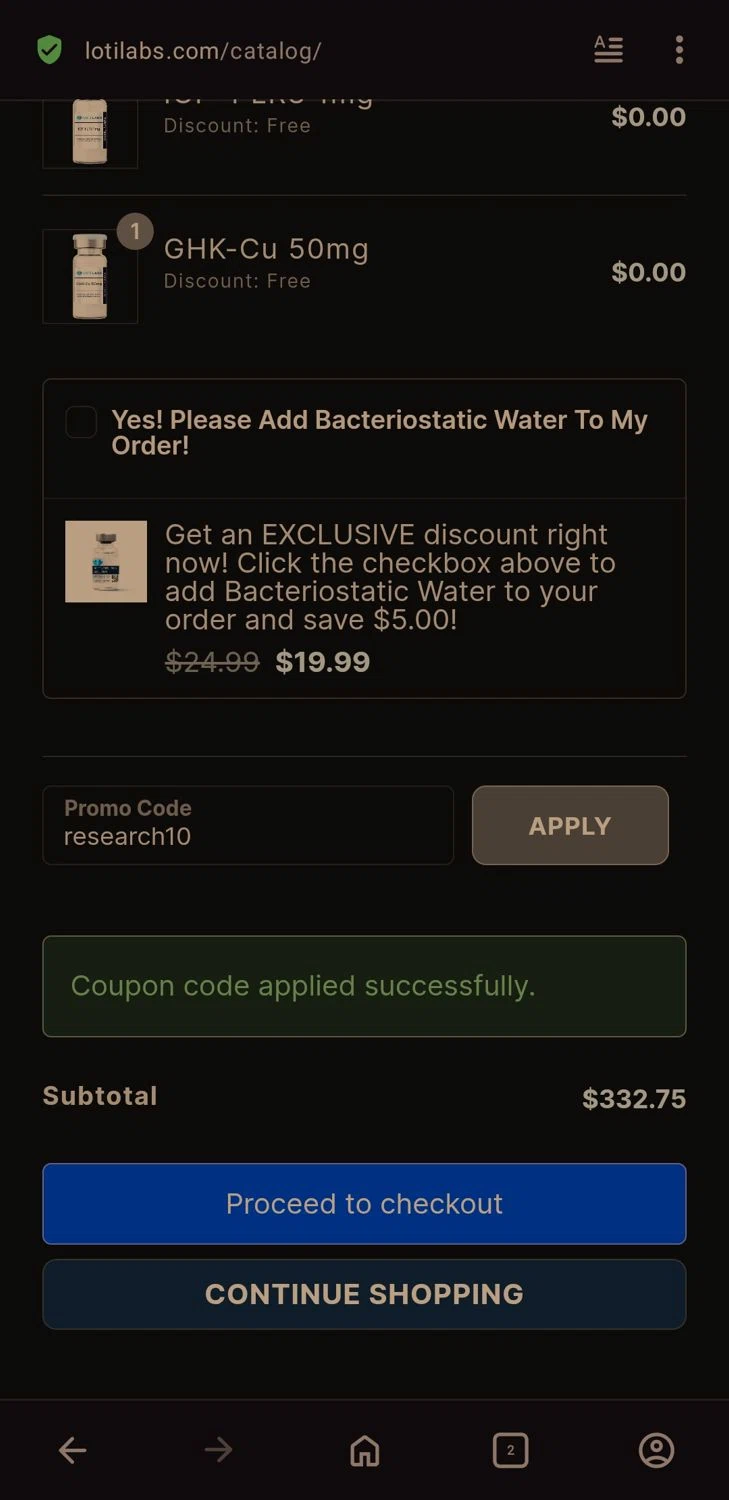Loti Labs discount code screenshot showing code research10 applied at Loti Labs checkout page. Uploaded by SimplyCodes community member FrugalCaptain6906 on Dec 15, 2025