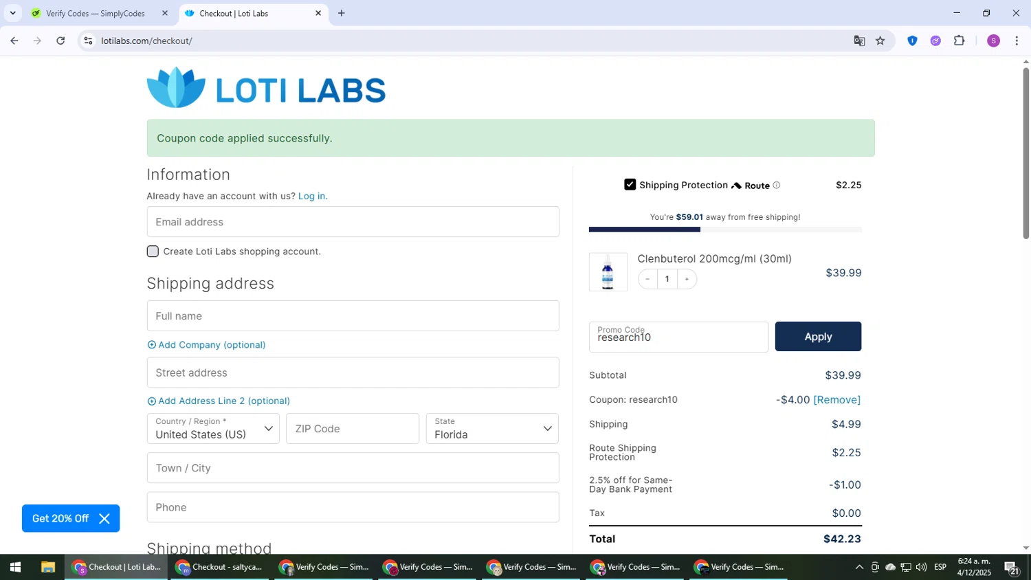 Loti Labs discount code screenshot showing code research10 applied at Loti Labs checkout page. Uploaded by SimplyCodes community member Son_Goku on Dec 4, 2025
