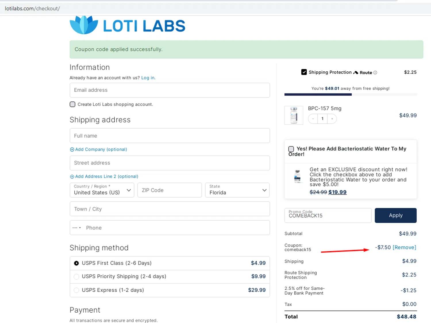Loti Labs discount code screenshot showing code COMEBACK15 applied at Loti Labs checkout page. Uploaded by SimplyCodes community member EMILIANOMASABE on Dec 11, 2025