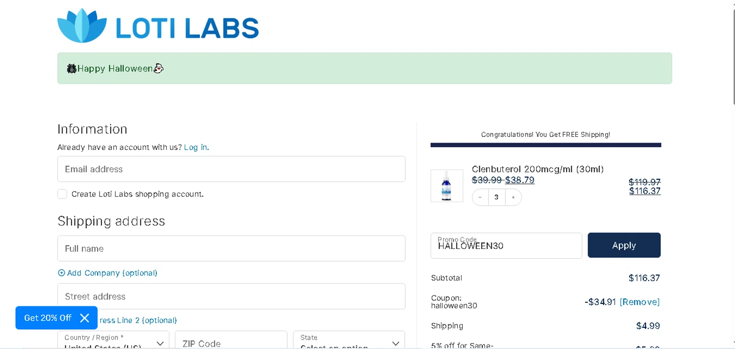 Loti Labs discount code screenshot showing code HALLOWEEN30 applied at Loti Labs checkout page. Uploaded by SimplyCodes community member shark12 on Oct 30, 2025