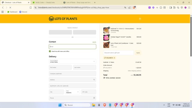 Lots of Plants checkout page showing Lots of Plants coupon code box | Screenshot taken by SimplyCodes community member on Aug 26, 2025