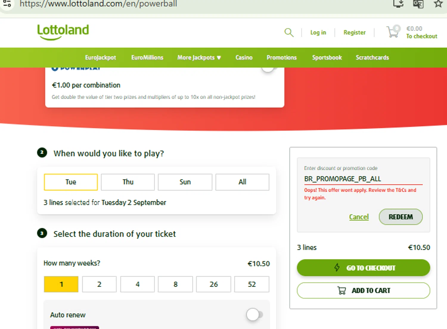 Lottoland Canada promo code screenshot showing code BR_PROMOPAGE_PB_ALL applied at Lottoland Canada checkout page. Uploaded by SimplyCodes community member RewardFinder4836 on Sep 1, 2025