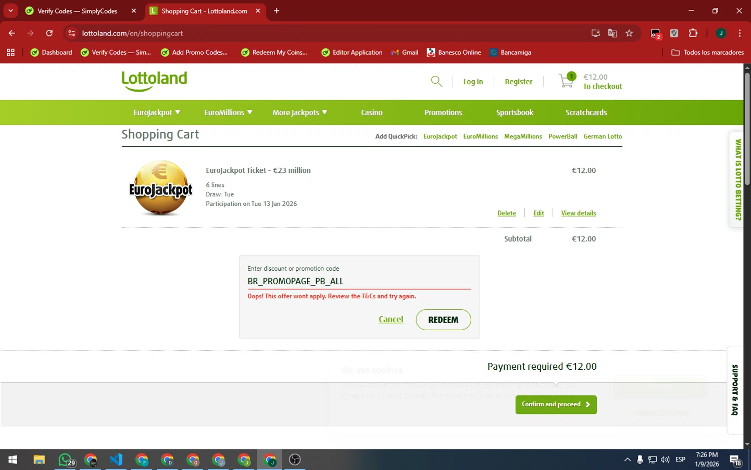 Lottoland Canada promo code screenshot showing code BR_PROMOPAGE_PB_ALL applied at Lottoland Canada checkout page. Uploaded by SimplyCodes community member SilverAdmiral2559 on Jan 9, 2026