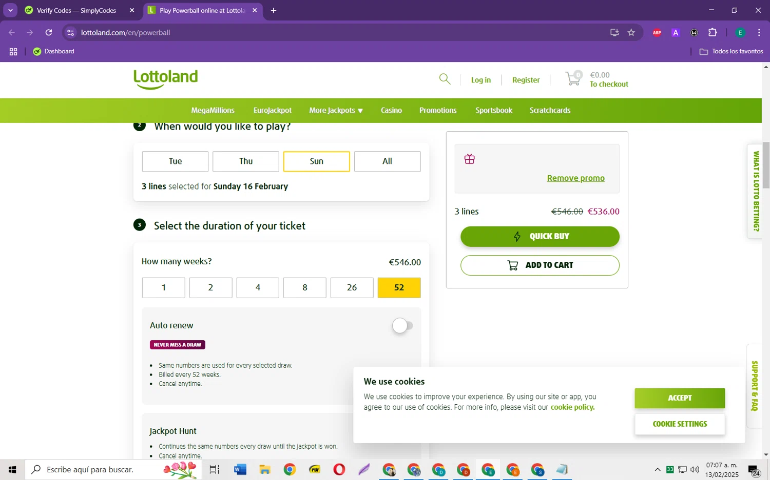 Lottoland Canada checkout page showing Lottoland Canada promo code box | Screenshot taken by SimplyCodes community member on Feb 13, 2025