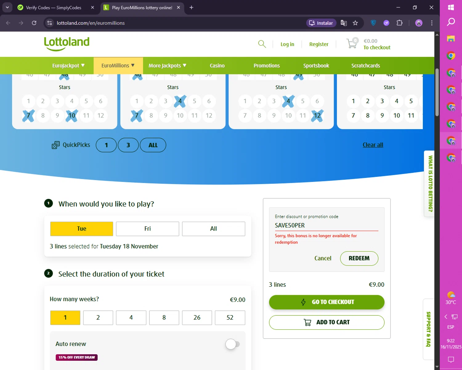 Lottoland Canada promo code screenshot showing code SAVE50PER applied at Lottoland Canada checkout page. Uploaded by SimplyCodes community member FortunateScholar4524 on Nov 16, 2025