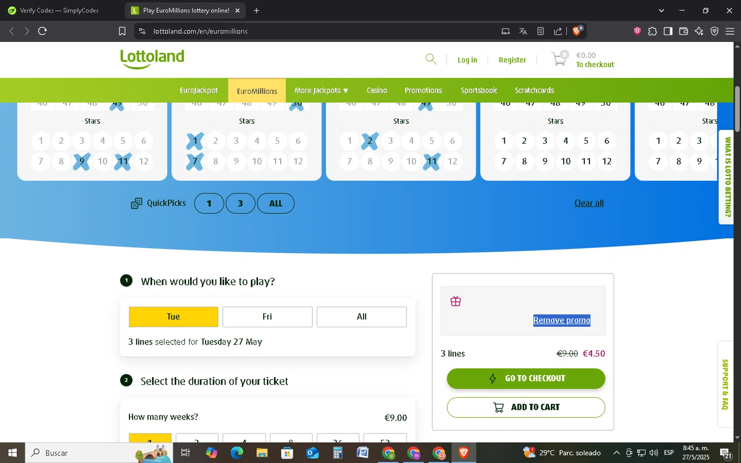 Lottoland Canada promo code screenshot showing code SAVE50PER applied at Lottoland Canada checkout page. Uploaded by SimplyCodes community member FrugalMonarch7277 on May 27, 2025