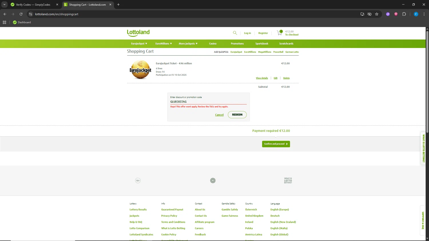 Lottoland Canada checkout page showing Lottoland Canada promo code box | Screenshot taken by SimplyCodes community member on Oct 8, 2025