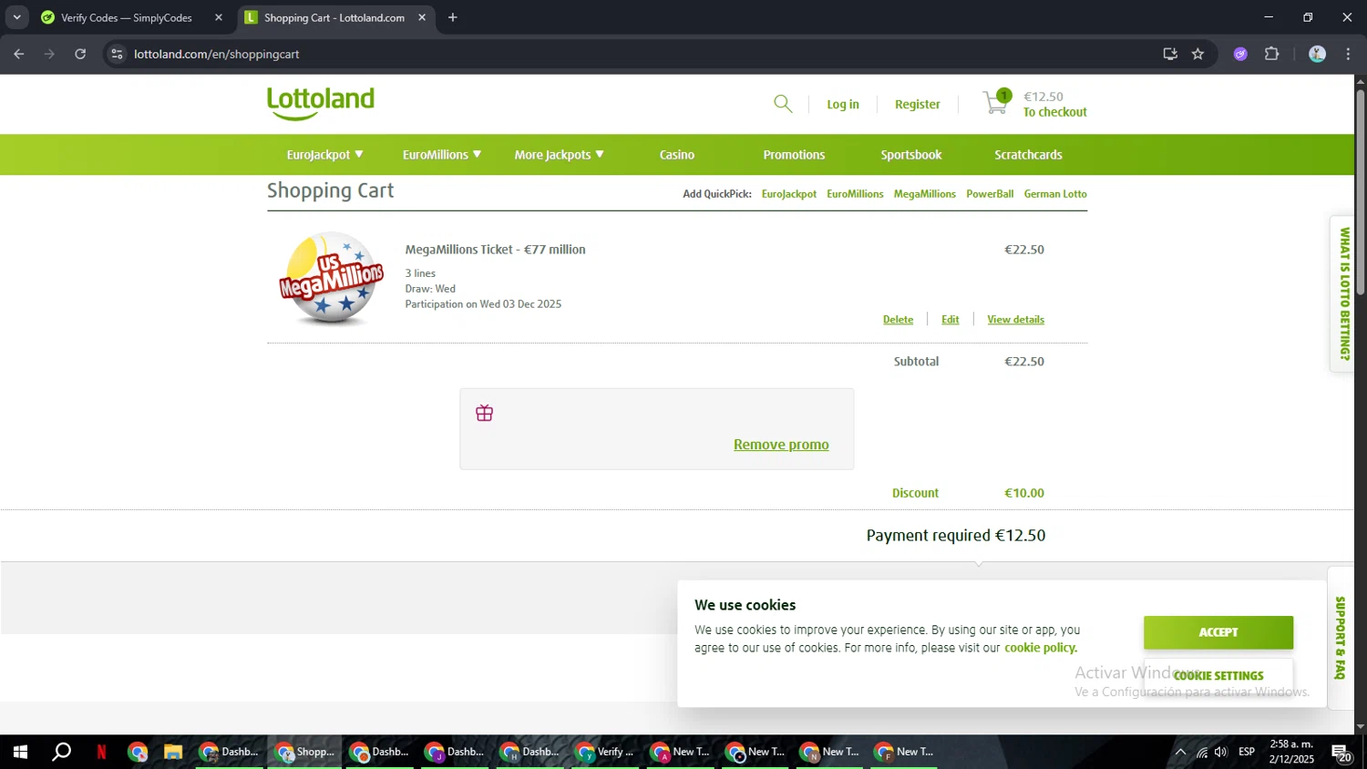 Lottoland Canada promo code screenshot showing code GLUECKSTAG applied at Lottoland Canada checkout page. Uploaded by SimplyCodes community member ShrewdSeeker6165 on Dec 2, 2025