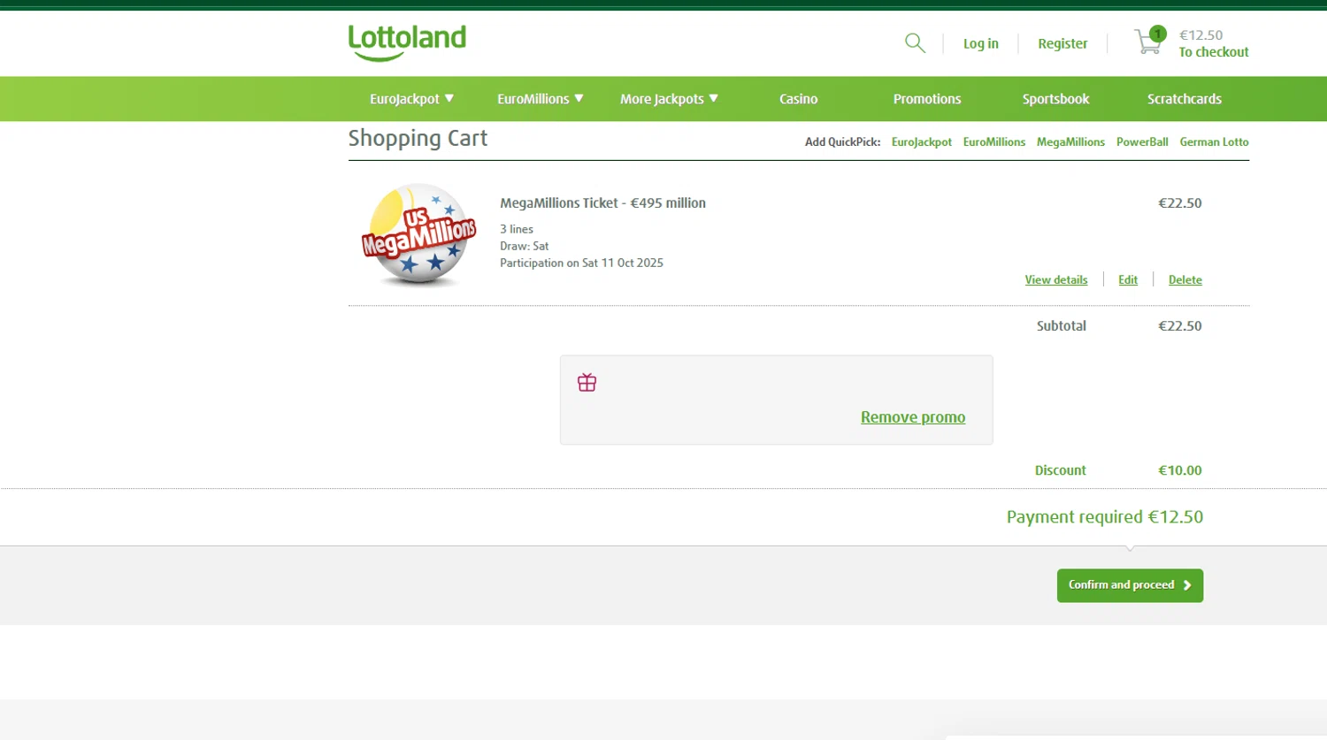 Lottoland Canada promo code screenshot showing code GLUECKSTAG applied at Lottoland Canada checkout page. Uploaded by SimplyCodes community member chepipro on Oct 8, 2025