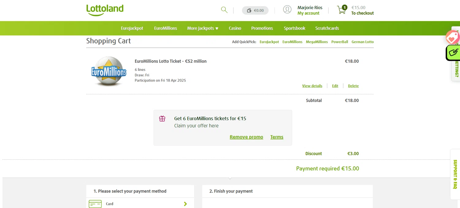Lottoland Canada promo code screenshot showing code 9CQKNZHN5IWHOYL1L8YUFX1 applied at Lottoland Canada checkout page. Uploaded by SimplyCodes community member pabloprieto on Apr 17, 2025