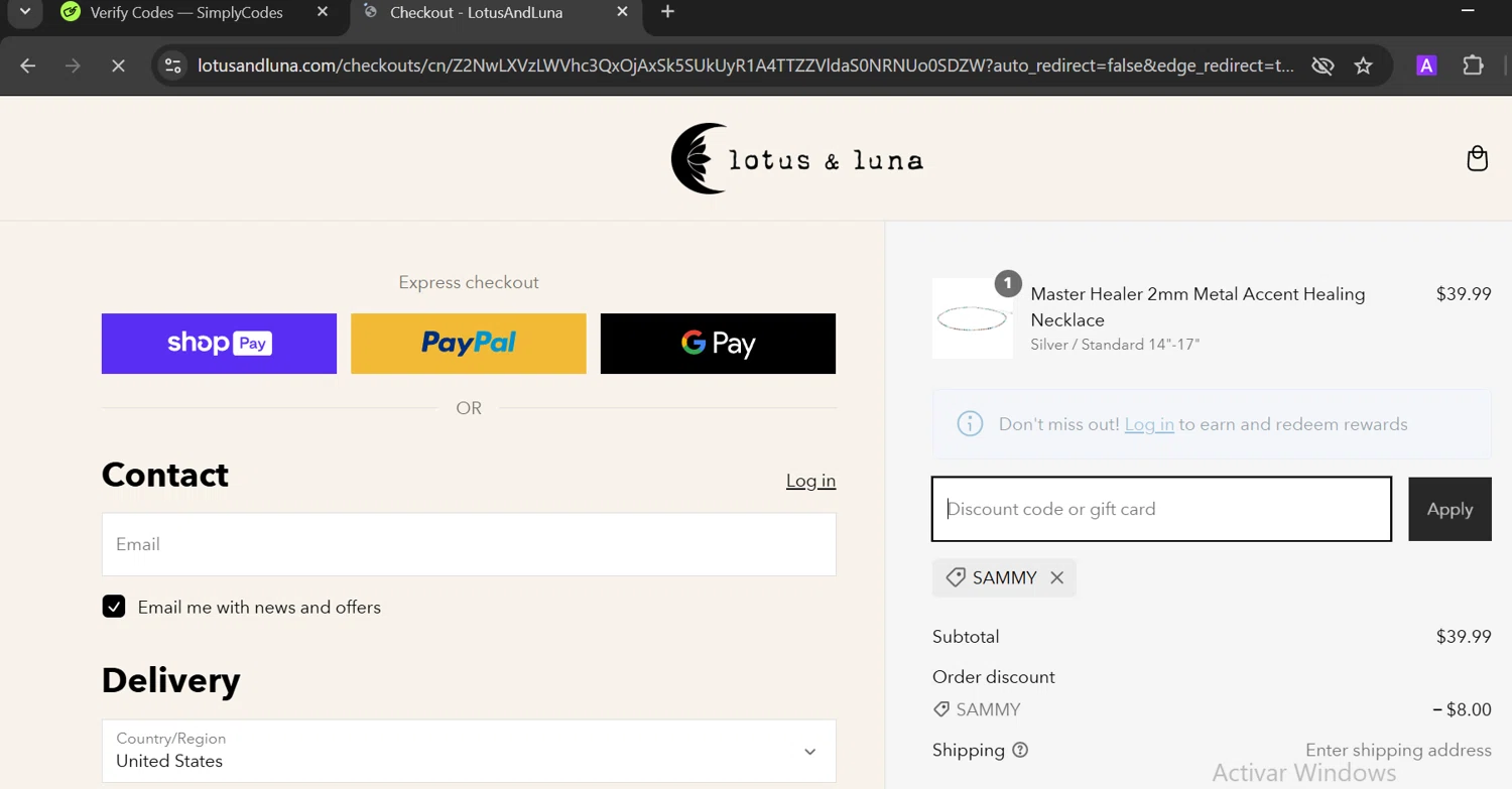 Lotus and Luna coupon code screenshot showing code SAMMY applied at Lotus and Luna checkout page. Uploaded by SimplyCodes community member GloriousTitan3094 on Mar 7, 2025
