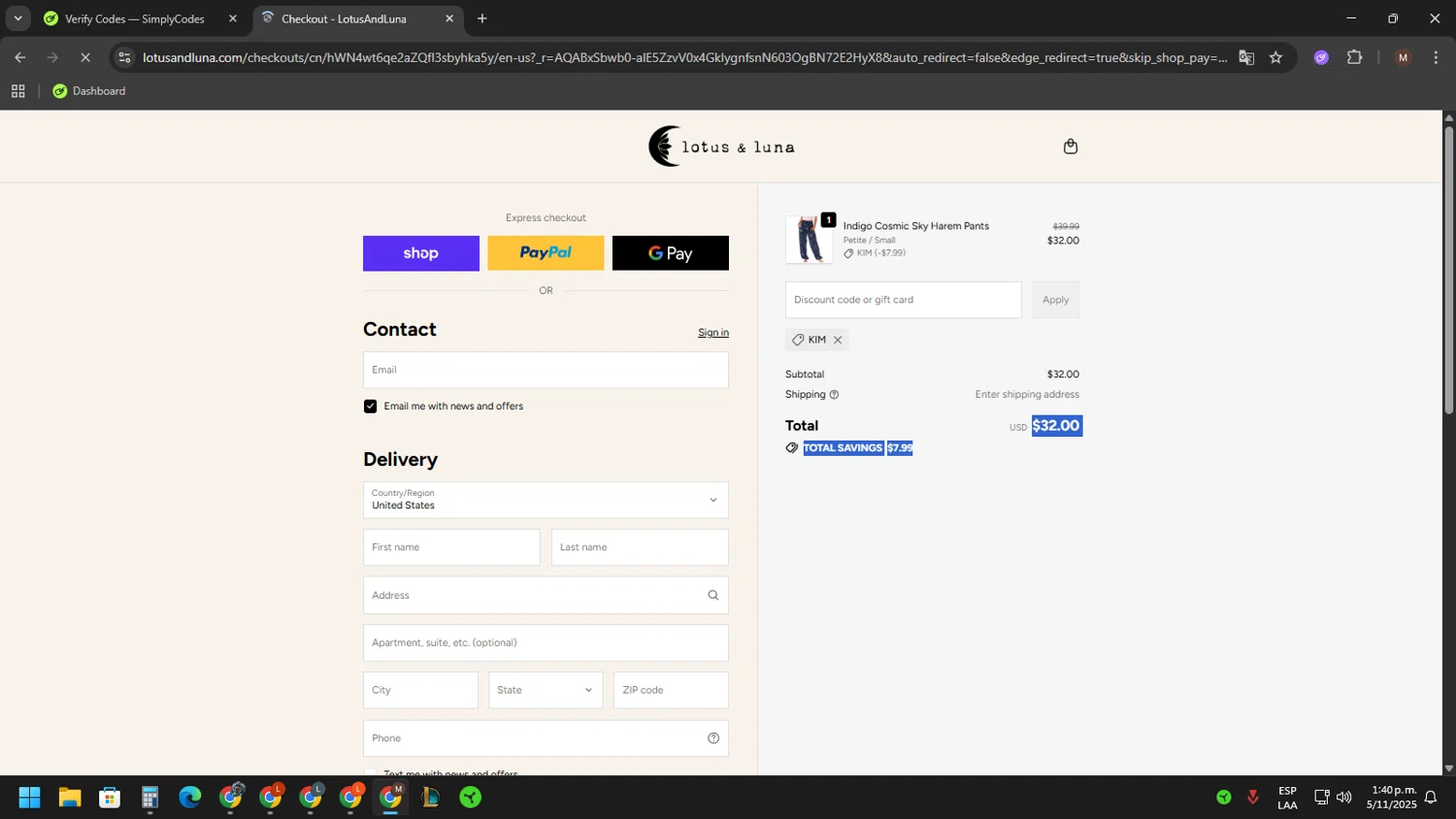 Lotus and Luna coupon code screenshot showing code KIM applied at Lotus and Luna checkout page. Uploaded by SimplyCodes community member CouponWizard2714 on Nov 5, 2025