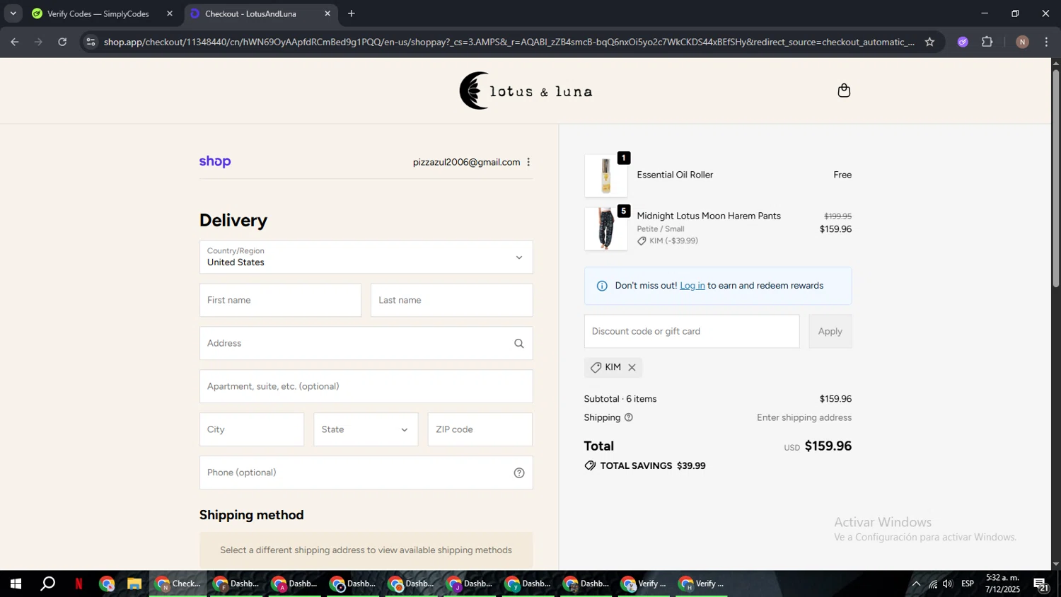 Lotus and Luna coupon code screenshot showing code KIM applied at Lotus and Luna checkout page. Uploaded by SimplyCodes community member DiscountPioneer2554 on Dec 7, 2025