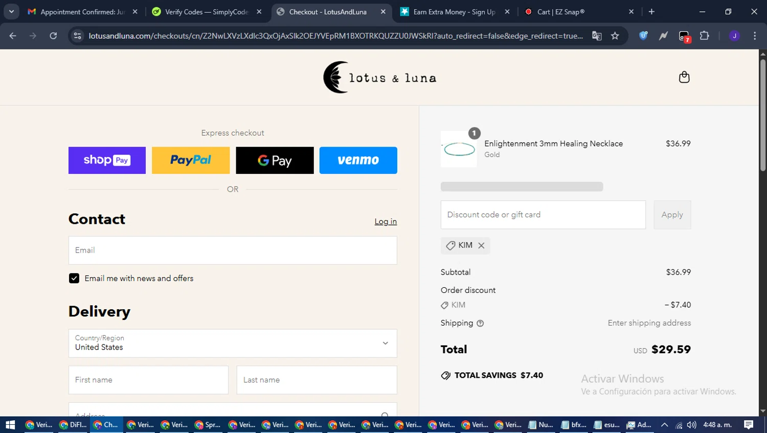 Lotus and Luna coupon code screenshot showing code KIM applied at Lotus and Luna checkout page. Uploaded by SimplyCodes community member LegendaryLegend9872 on Jun 20, 2025