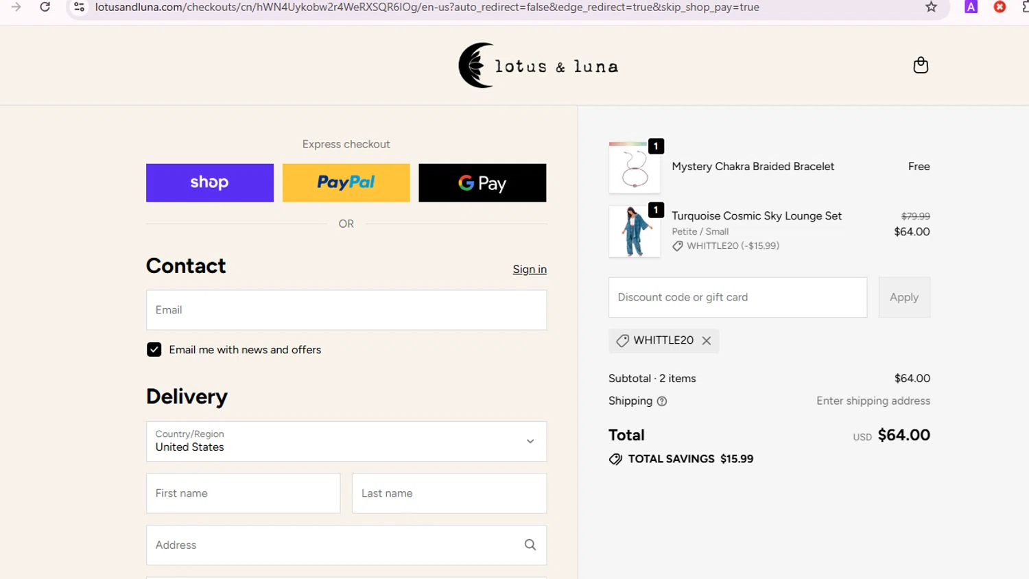 Lotus and Luna coupon code screenshot showing code Whittle20 applied at Lotus and Luna checkout page. Uploaded by SimplyCodes community member Kuromi on Oct 24, 2025