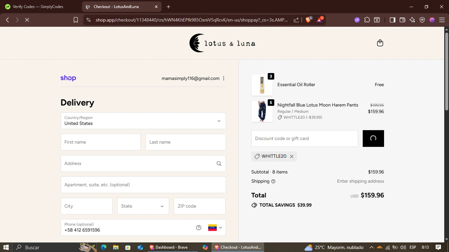 Lotus and Luna coupon code screenshot showing code Whittle20 applied at Lotus and Luna checkout page. Uploaded by SimplyCodes community member Suguru_Geto on Oct 20, 2025