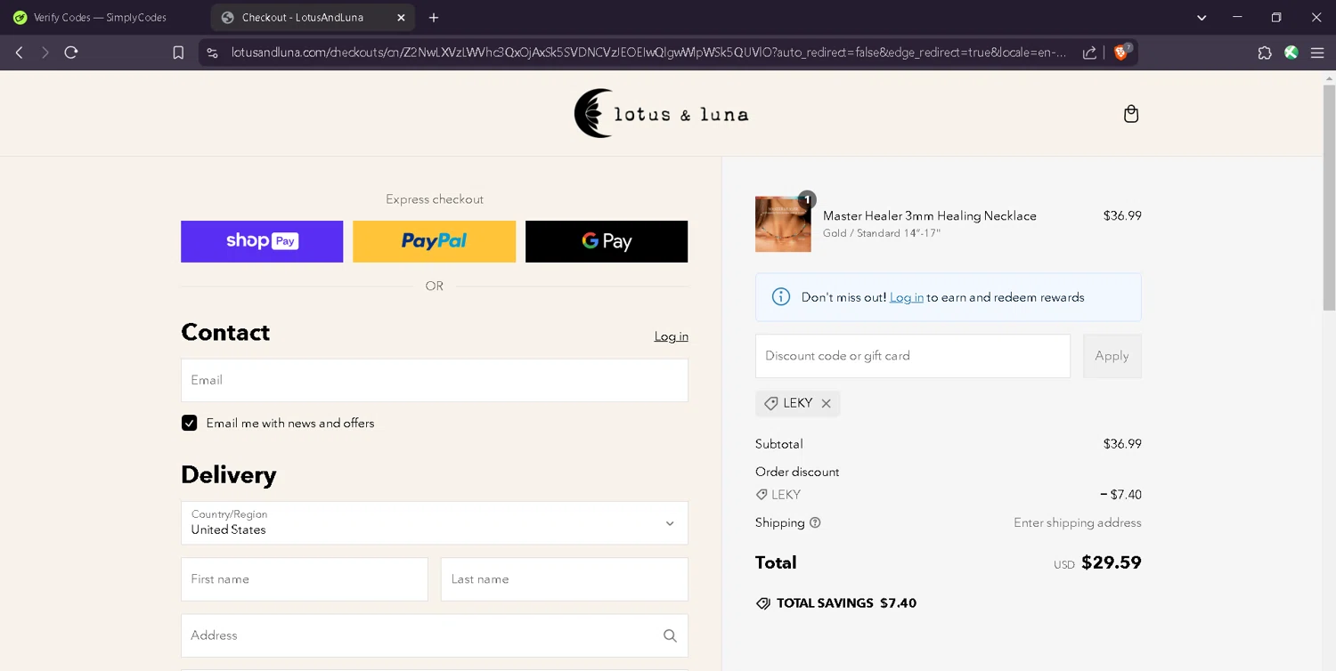 Lotus and Luna coupon code screenshot showing code Leky applied at Lotus and Luna checkout page. Uploaded by SimplyCodes community member Estefani4 on Mar 7, 2025