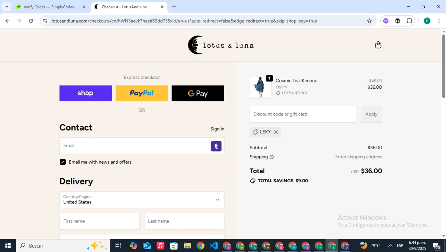 Lotus and Luna coupon code screenshot showing code Leky applied at Lotus and Luna checkout page. Uploaded by SimplyCodes community member VictoriousPilot5281 on Sep 30, 2025