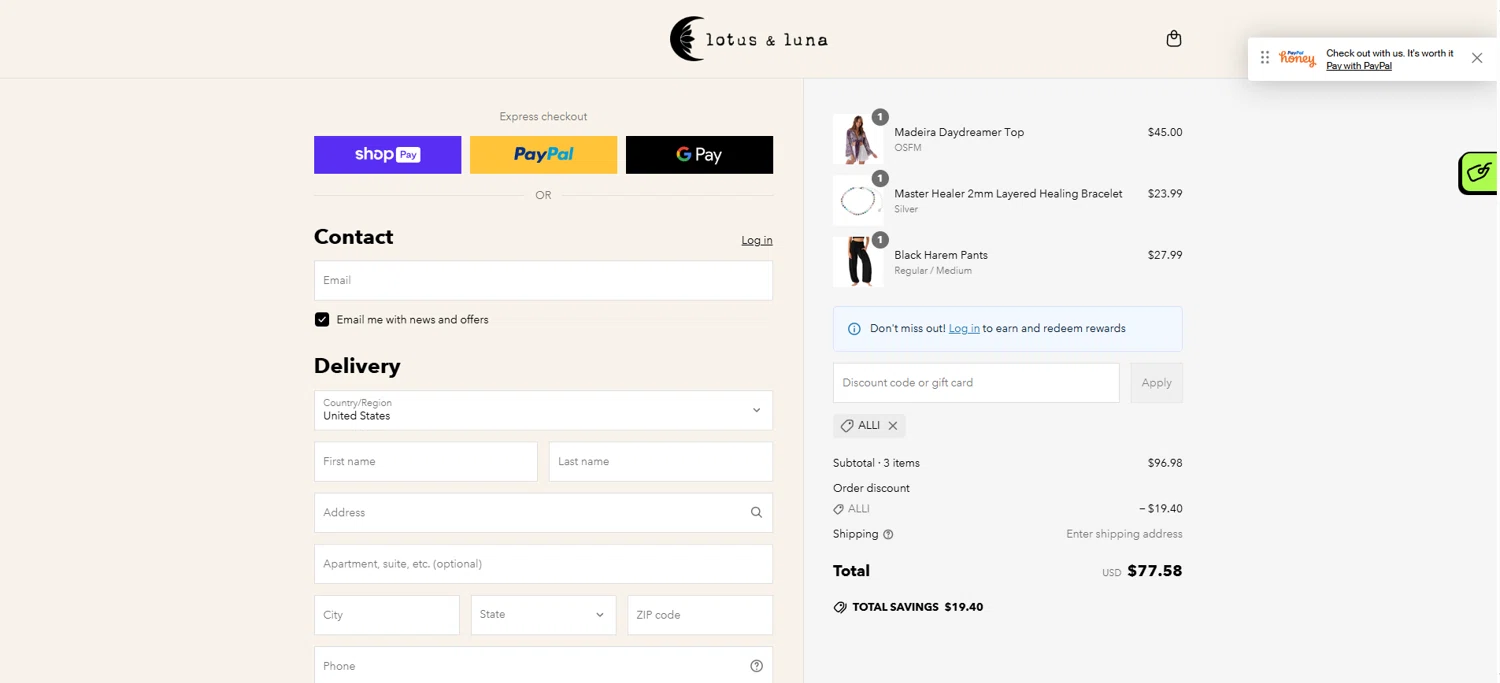 Lotus and Luna coupon code screenshot showing code Alli applied at Lotus and Luna checkout page. Uploaded by SimplyCodes community member HoneyJean on Mar 19, 2025