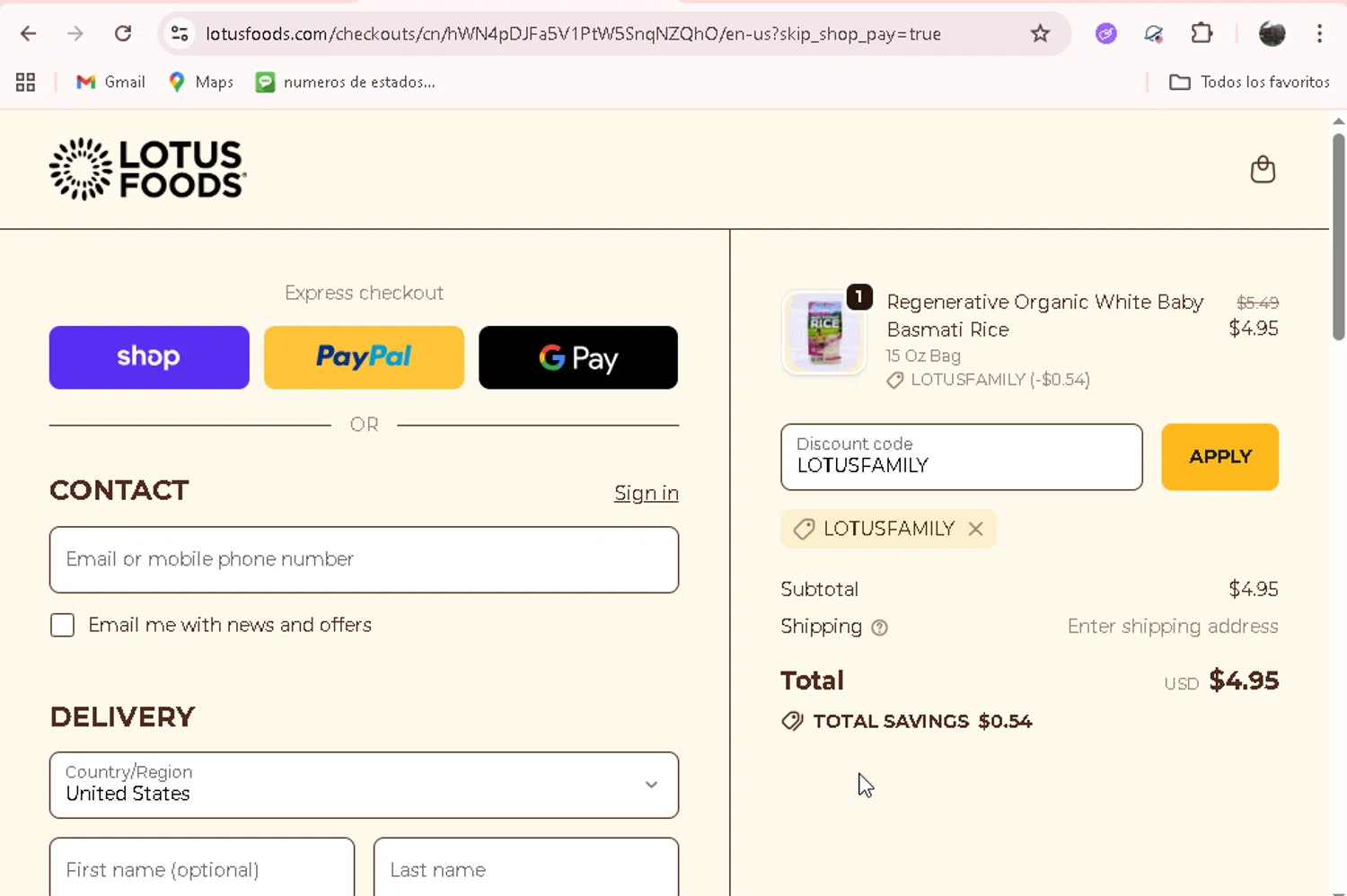 Lotus Foods promo code screenshot showing code LOTUSFAMILY applied at Lotus Foods checkout page. Uploaded by SimplyCodes community member adrianvasquez1 on Nov 2, 2025