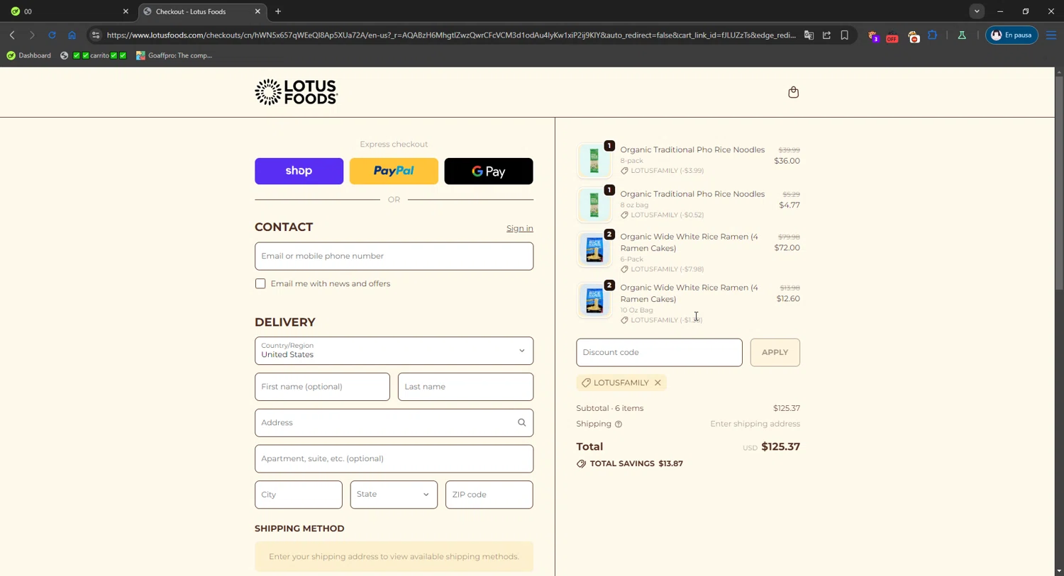 Lotus Foods promo code screenshot showing code LOTUSFAMILY applied at Lotus Foods checkout page. Uploaded by SimplyCodes community member gribethr on Dec 2, 2025