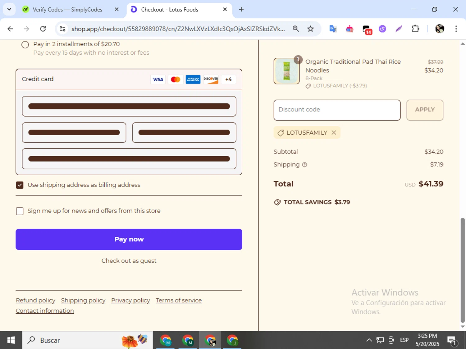 Lotus Foods promo code screenshot showing code LOTUSFAMILY applied at Lotus Foods checkout page. Uploaded by SimplyCodes community member mariapolancog on May 20, 2025