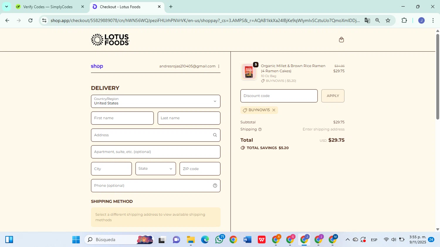 Lotus Foods promo code screenshot showing code BUYNOW15 applied at Lotus Foods checkout page. Uploaded by SimplyCodes community member DiscountSleuth6807 on Nov 9, 2025