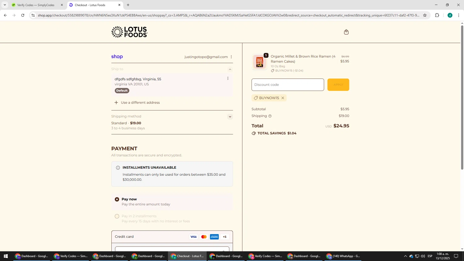 Lotus Foods promo code screenshot showing code BUYNOW15 applied at Lotus Foods checkout page. Uploaded by SimplyCodes community member HEROESCUDA on Dec 13, 2025
