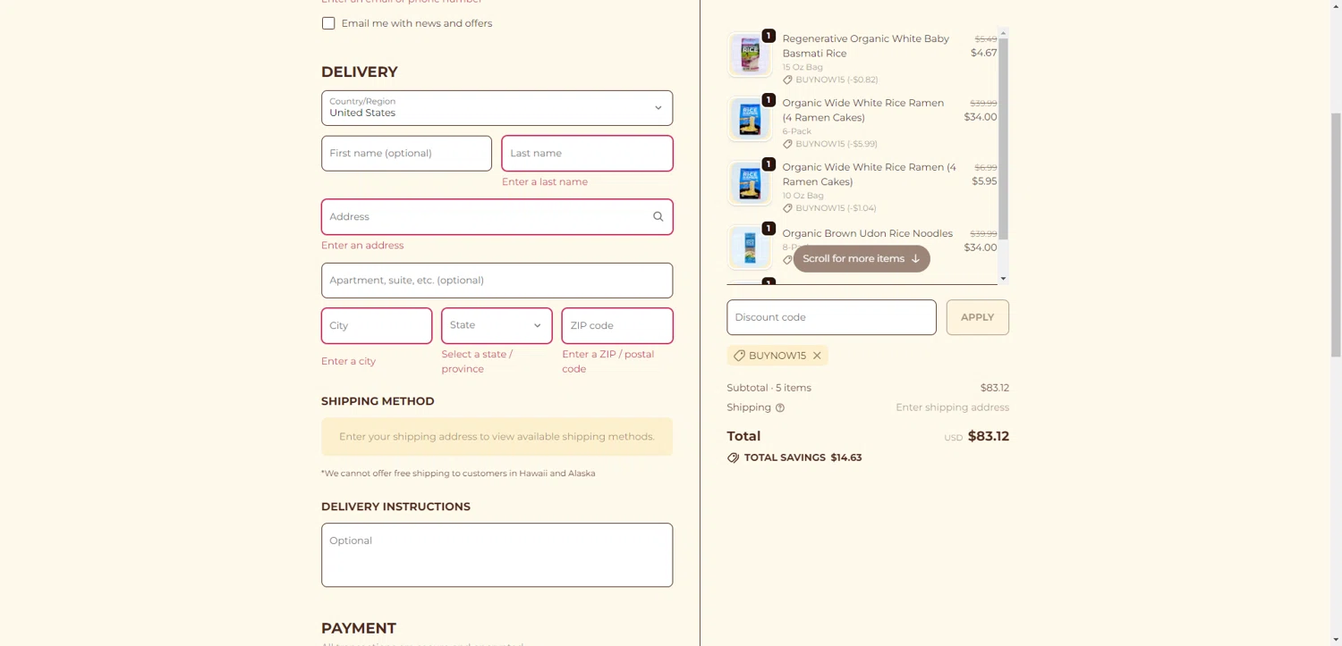 Lotus Foods promo code screenshot showing code BUYNOW15 applied at Lotus Foods checkout page. Uploaded by SimplyCodes community member RewardTitan728 on Nov 11, 2025