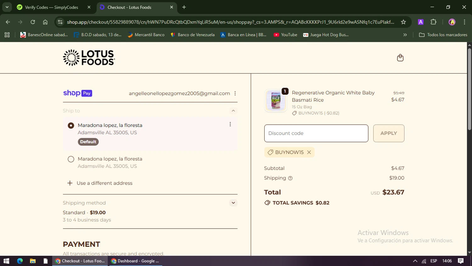Lotus Foods checkout page showing Lotus Foods promo code box | Screenshot taken by SimplyCodes community member on Jan 9, 2026