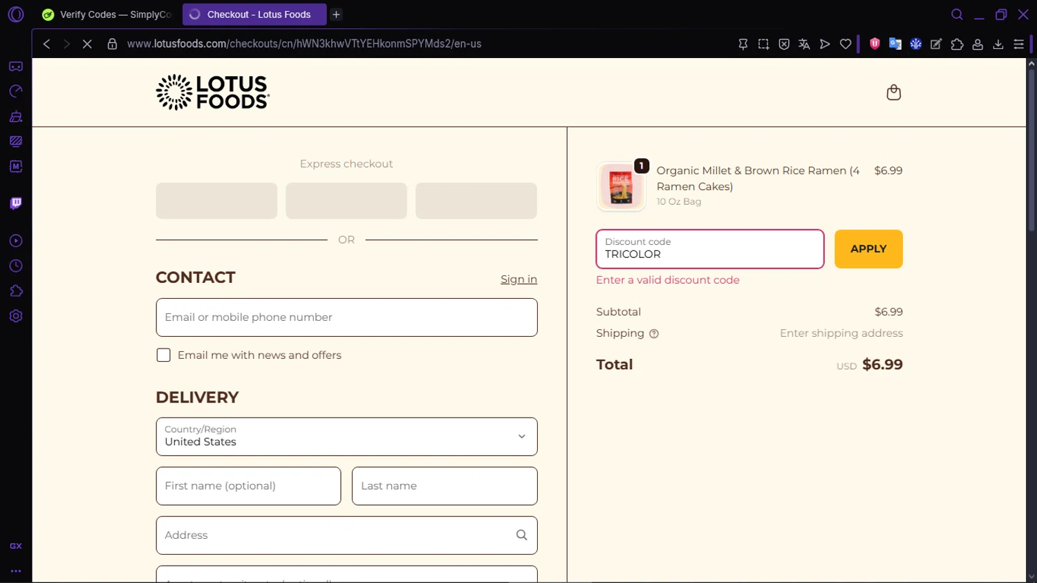 Lotus Foods promo code screenshot showing code TRICOLOR applied at Lotus Foods checkout page. Uploaded by SimplyCodes community member RewardLion134 on Oct 5, 2025