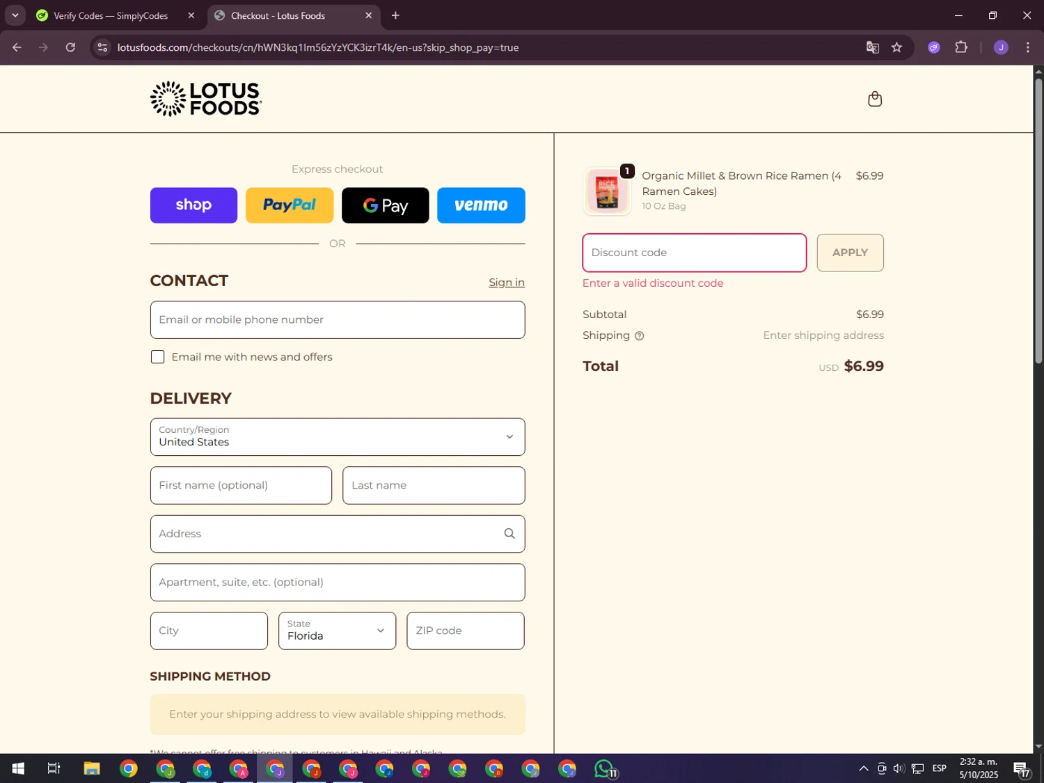 Lotus Foods promo code screenshot showing code TRICOLOR applied at Lotus Foods checkout page. Uploaded by SimplyCodes community member ValueHero2277 on Oct 5, 2025