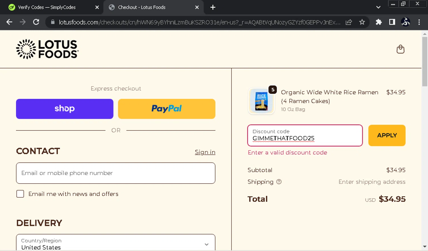 Lotus Foods promo code screenshot showing code BFCM2025 applied at Lotus Foods checkout page. Uploaded by SimplyCodes community member SwiftOwl697 on Dec 7, 2025