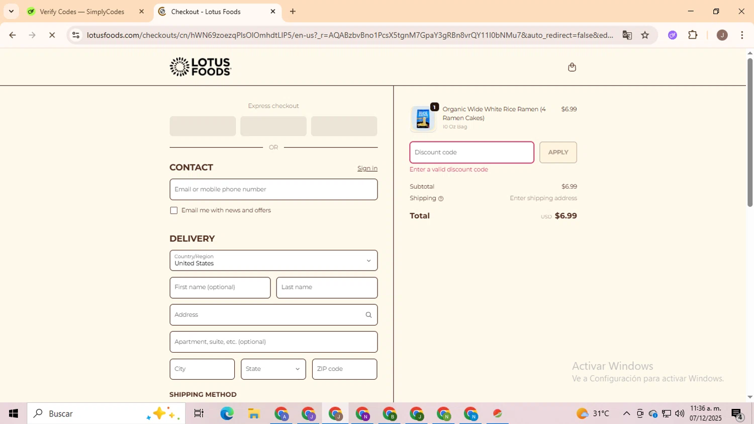Lotus Foods promo code screenshot showing code BFCM2025 applied at Lotus Foods checkout page. Uploaded by SimplyCodes community member ValiantHero2365 on Dec 7, 2025
